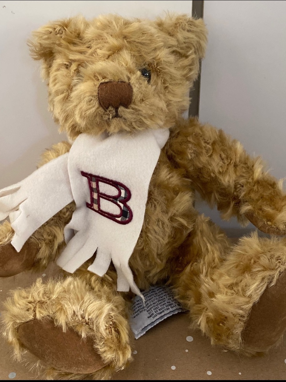 Burberry Plush Golden Brown Teddy Bear with White Scarf
